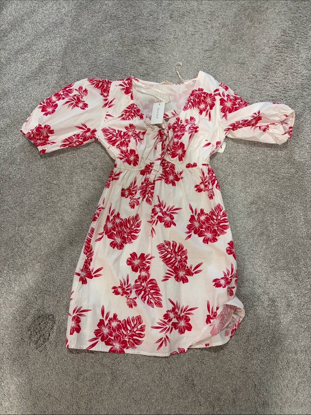 Tie-Front White Midi Dress with Red Floral Print